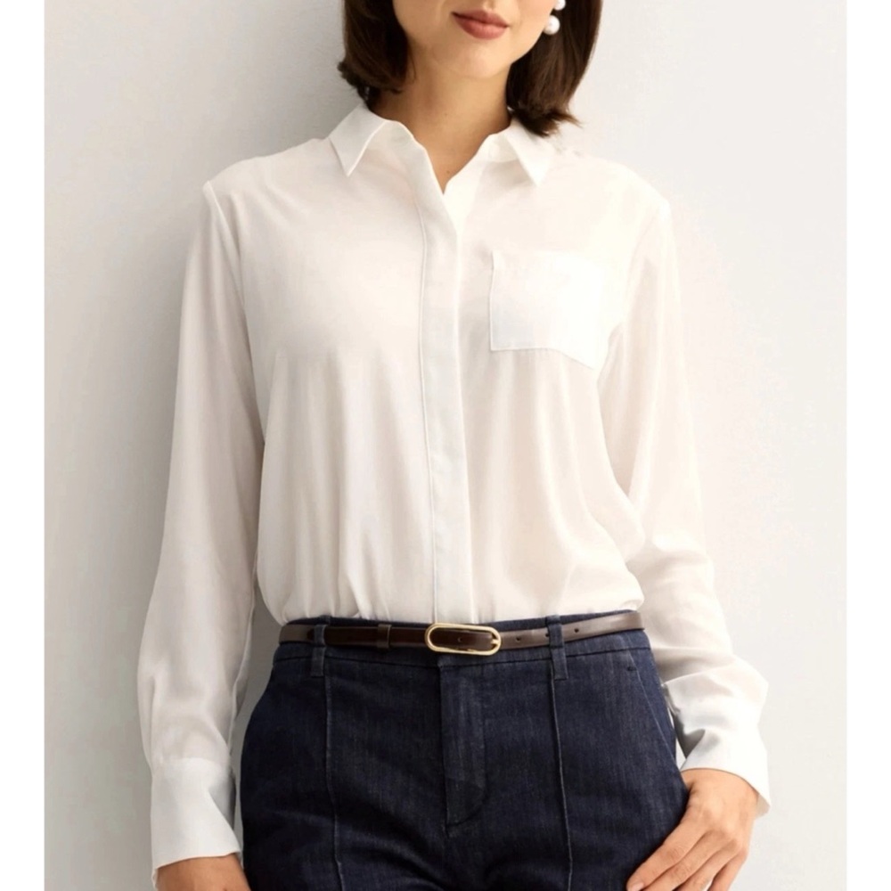 NINE WEST WOMEN DRAPEY SHIRT L/XL SHEER TAILORED PREPPY CAREER COUNTRY CLUB CHIC